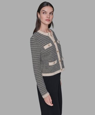 Women's Striped Crewneck Cardigan Sweater