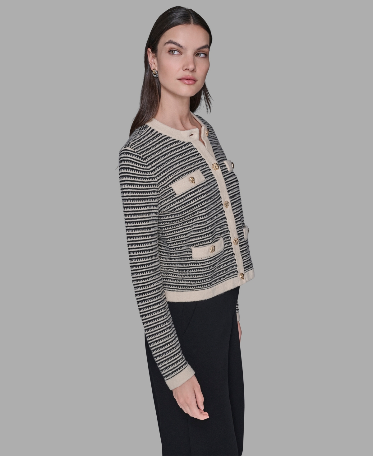 Karl Lagerfeld Paris Women's Striped Crewneck Cardigan Sweater