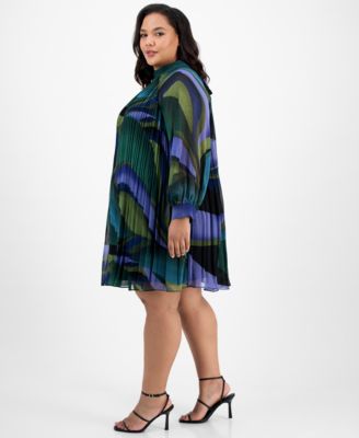 Plus Size Printed Pleated Blouson-Sleeve Shift Dress