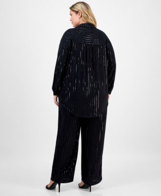 Plus Size Sequin Pinstripe Drop-Shoulder Tunic Shirt & Sequin Pinstripe High-Rise Wide-Leg Pants