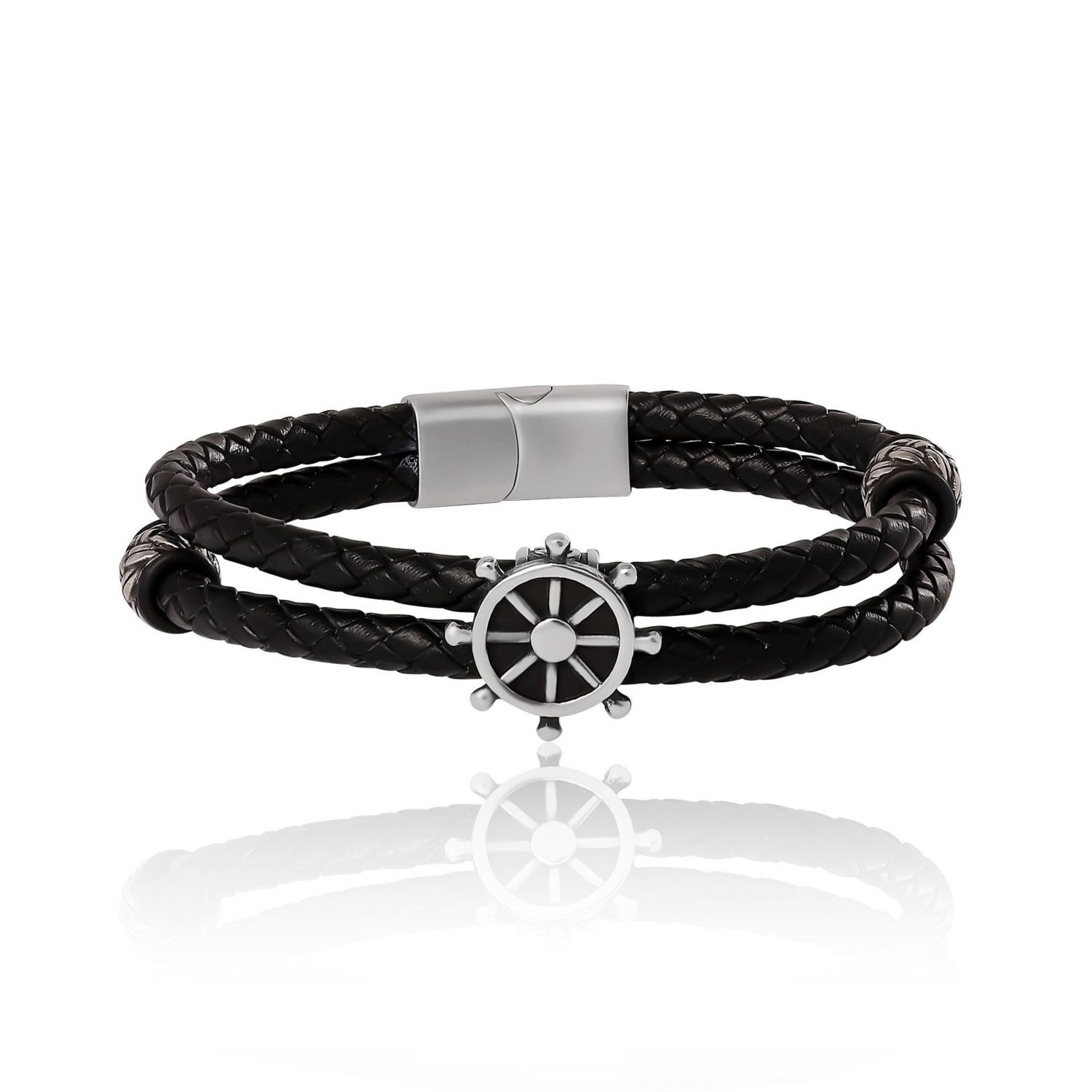 Mens Nautical Wheel Black Braided Bracelet