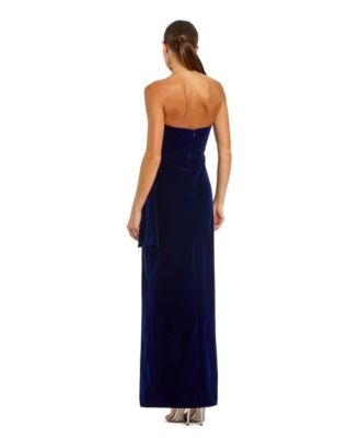 Women's Strapless High Slit Draped Velvet Gown