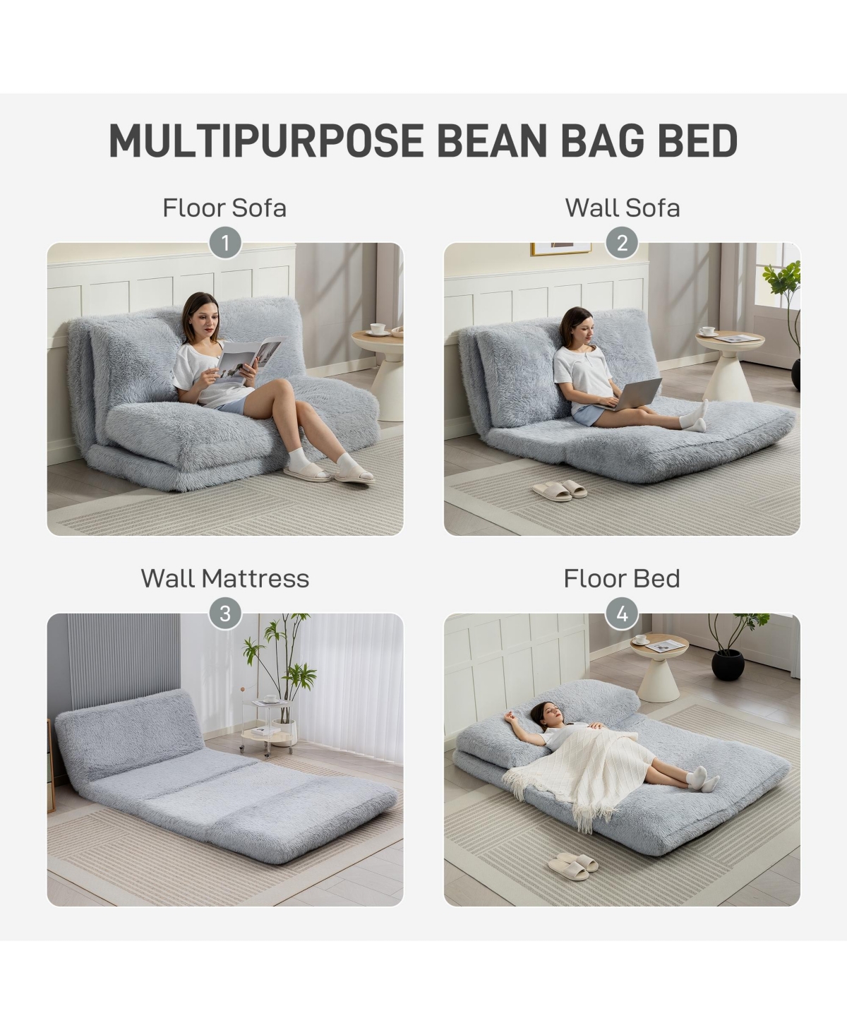 Homcom Bean Bag Floor Sofa Bed, Plush Folding Floor Mattress, Light