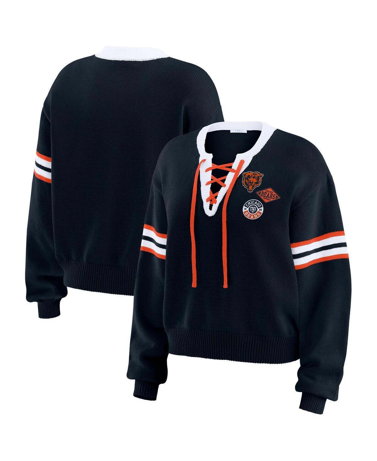 Wear By Erin Andrews Women's Navy Chicago Bears Lace-up Pullover Sweatshirt In Black