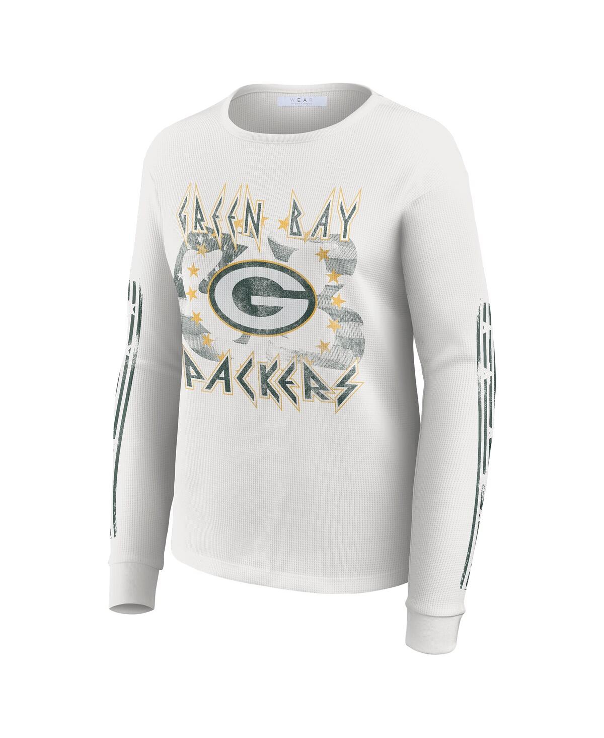Wear by Erin Andrews Women's White Green Bay Packers Graphic Waffle Long-Sleeve T-Shirt