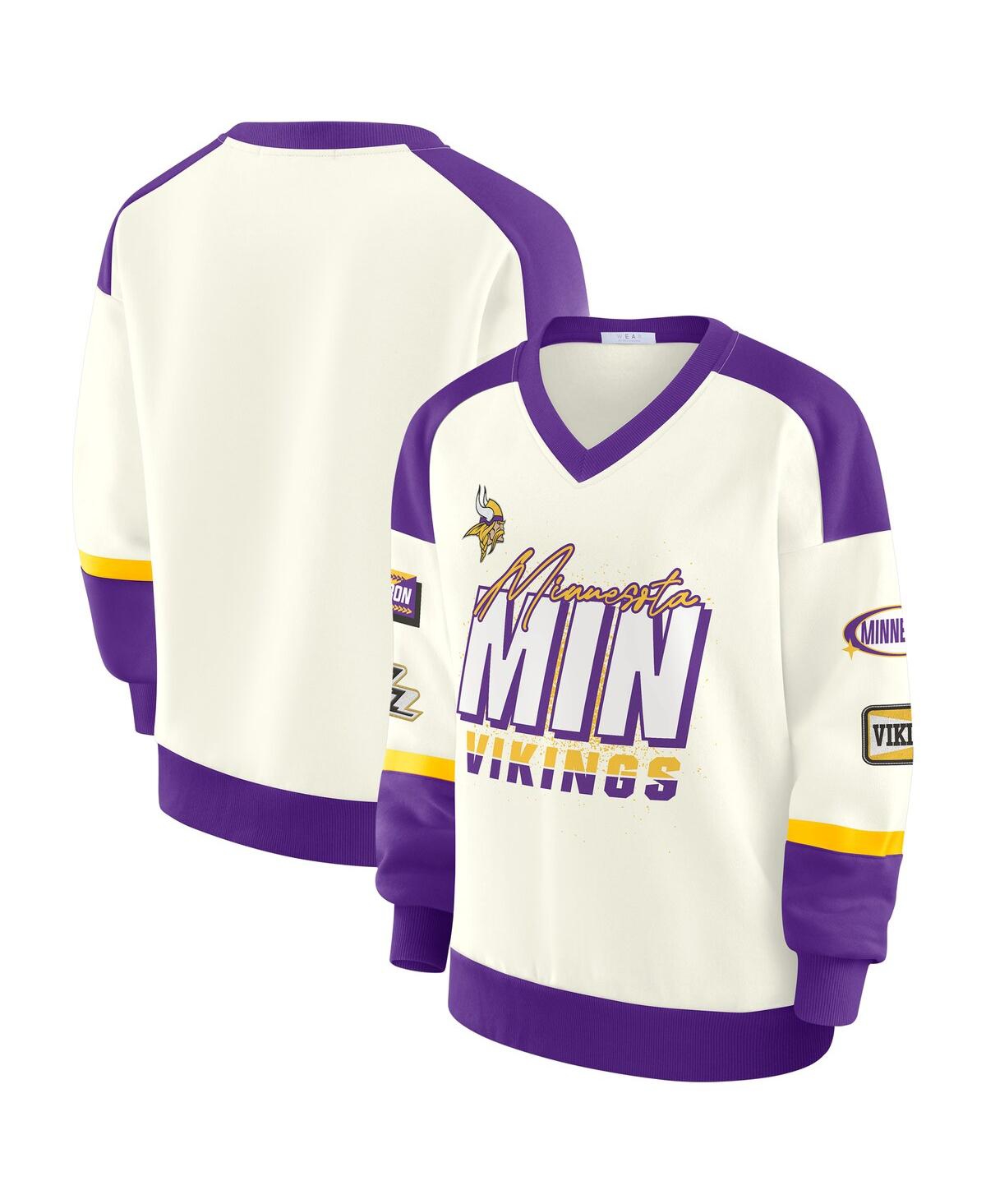 Wear By Erin Andrews Women's Cream Minnesota Vikings Racing Crew V-neck Sweatshirt In Multi