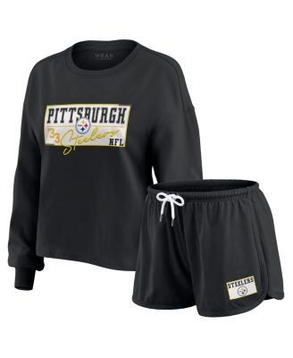 WEAR by Erin Andrews - Women's Black Pittsburgh Steelers Heavy Rugby Jersey Long Sleeve T-Shirt Shorts Lounge Set