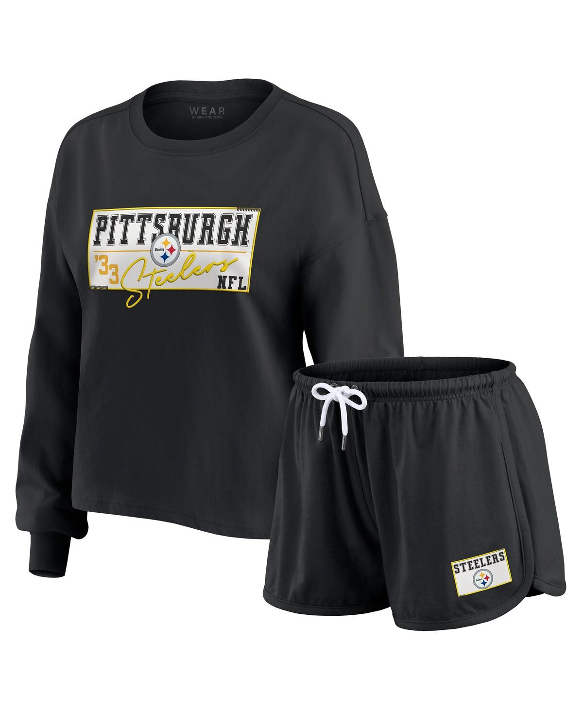 Wear By Erin Andrews Women's Black Pittsburgh Steelers Heavy Rugby Jersey Long Sleeve T-shirt Shorts Lounge Set In Black