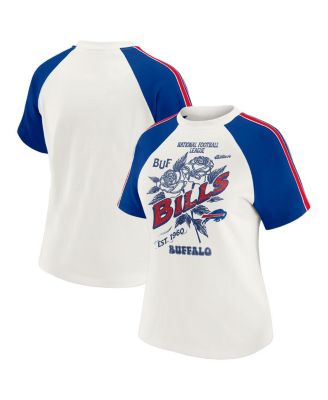 WEAR by Erin Andrews - Women's White Buffalo Bills Sleeve Stripe Distressed Raglan T-Shirt