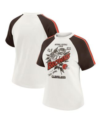 WEAR by Erin Andrews - Women's White Cleveland Browns Sleeve Stripe Distressed Raglan T-Shirt
