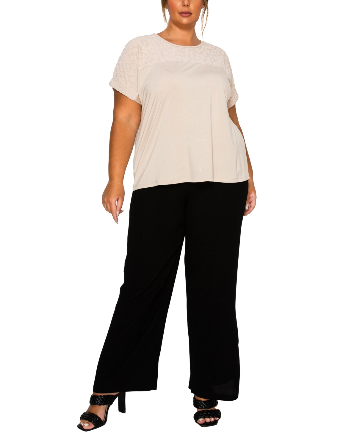 Coin 1804 Plus Size Cheetah Burnout Contrast Yoke Dolman Top In Neutral