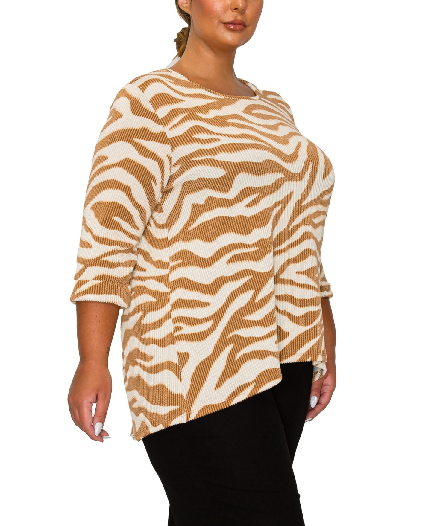 Женский топ COIN 1804 Plus Size Textured Zebra Button Back, цвет: Верблюжий / Кремовый — фото 3