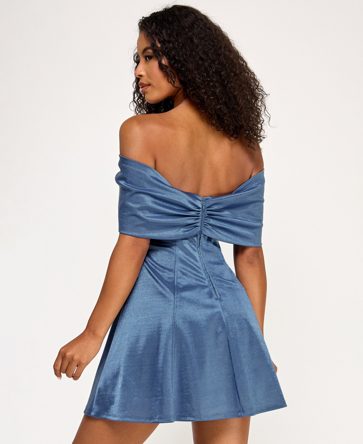 Seni & Cade Juniors' Shimmer Off-the-shoulder Bow Front Dress In Blue