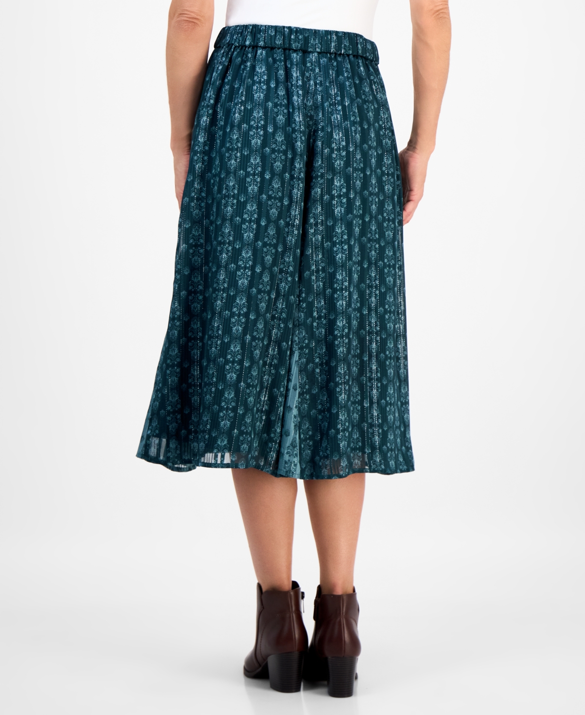 Style & Co Petite Damask Shine Mixed-print Skirt, Macy's Exclusive In Green