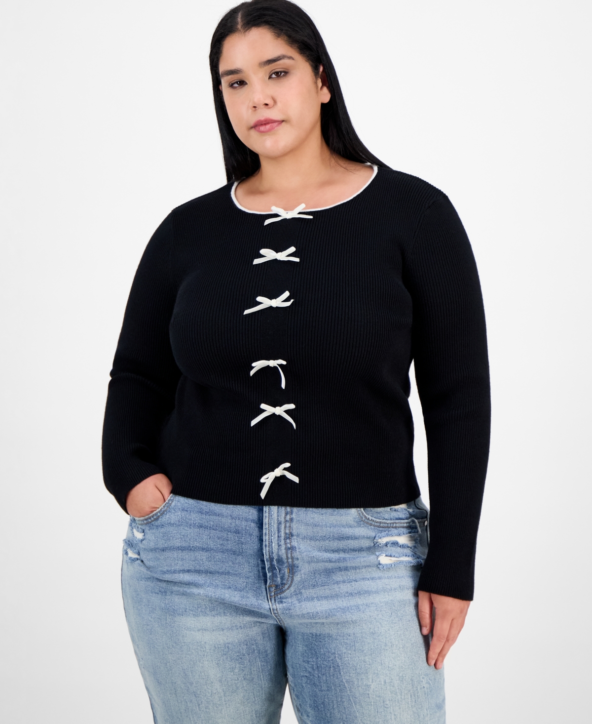 Madden Girl Trendy Plus Bow-Front Ribbed Crewneck Sweater