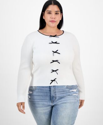 Trendy Plus Bow-Front Ribbed Crewneck Sweater