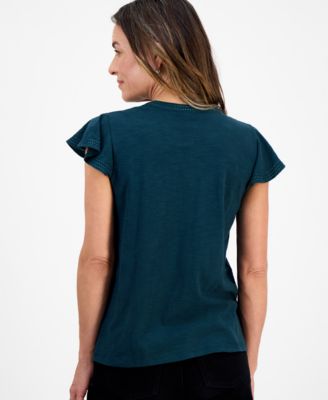 Petite Cotton Embroidered Flutter-Sleeve Knit Top