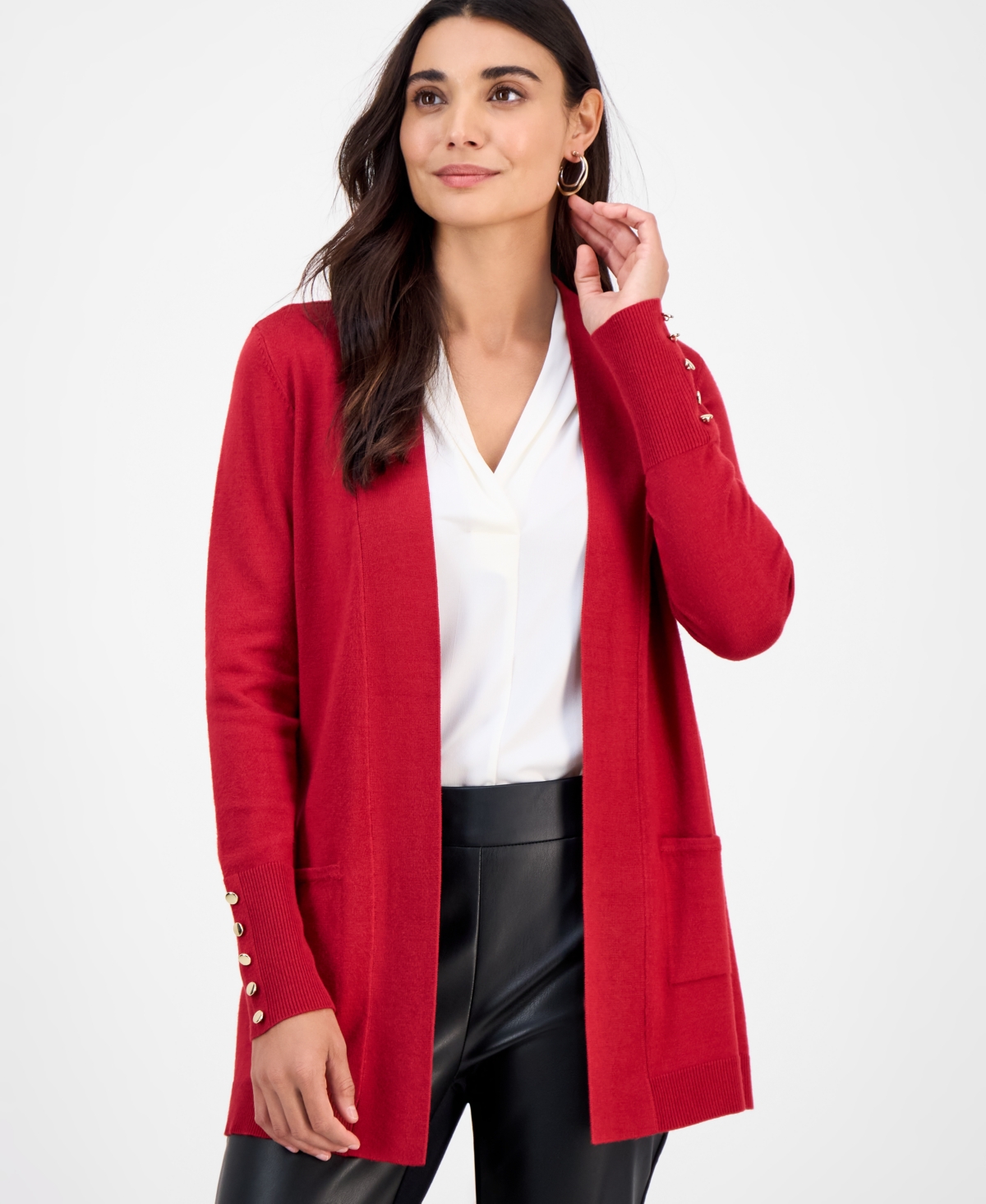 Jm Collection Petite Open-front Button-cuff Cardigan Sweater In Red