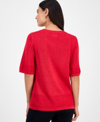 Petite Textured-Knit V-Neck Short-Sleeve Sweater, Exclusively at Macy's