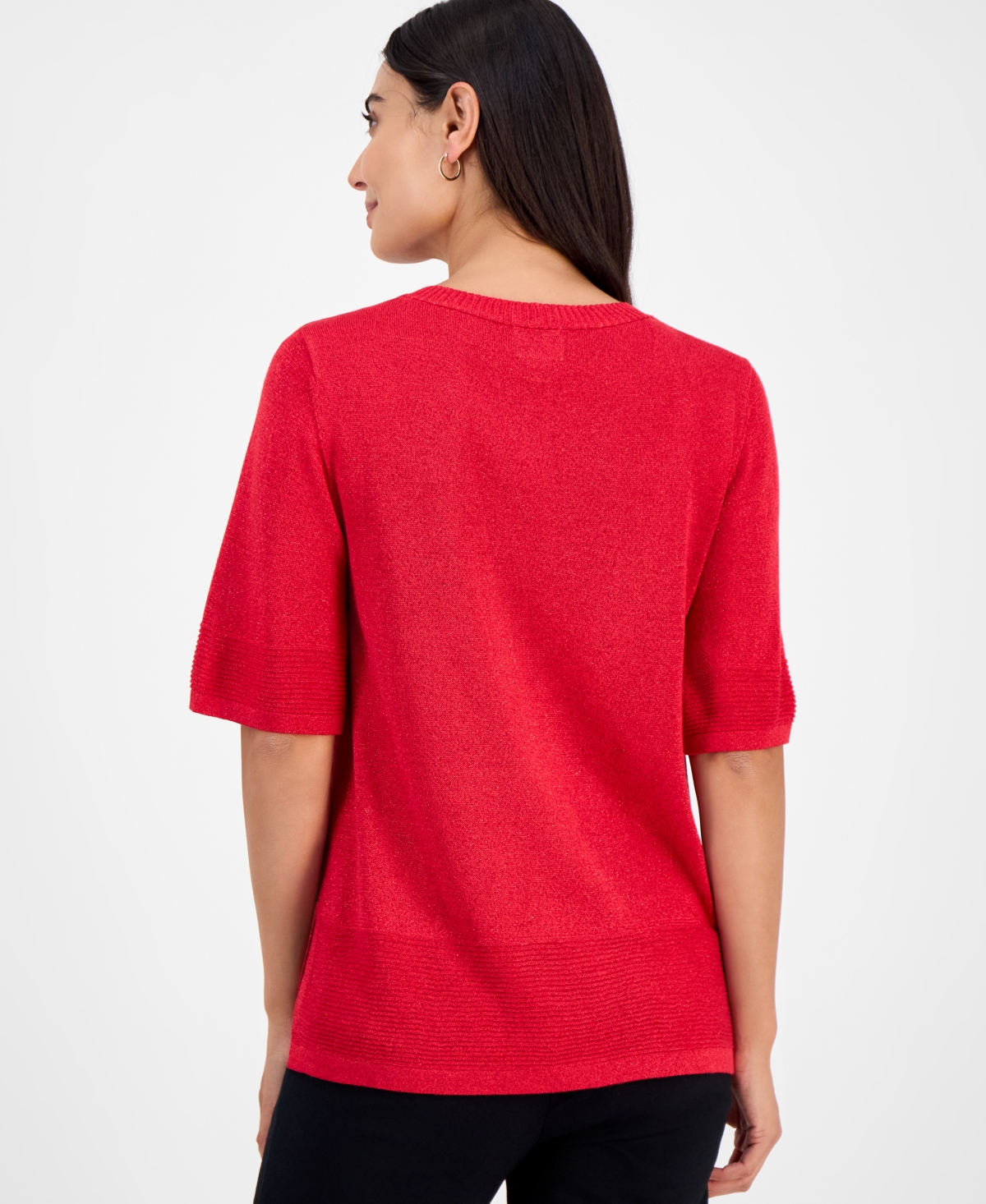 Jm Collection Petite Textured-knit V-neck Short-sleeve Sweater, Exclusively At Macy's In Red