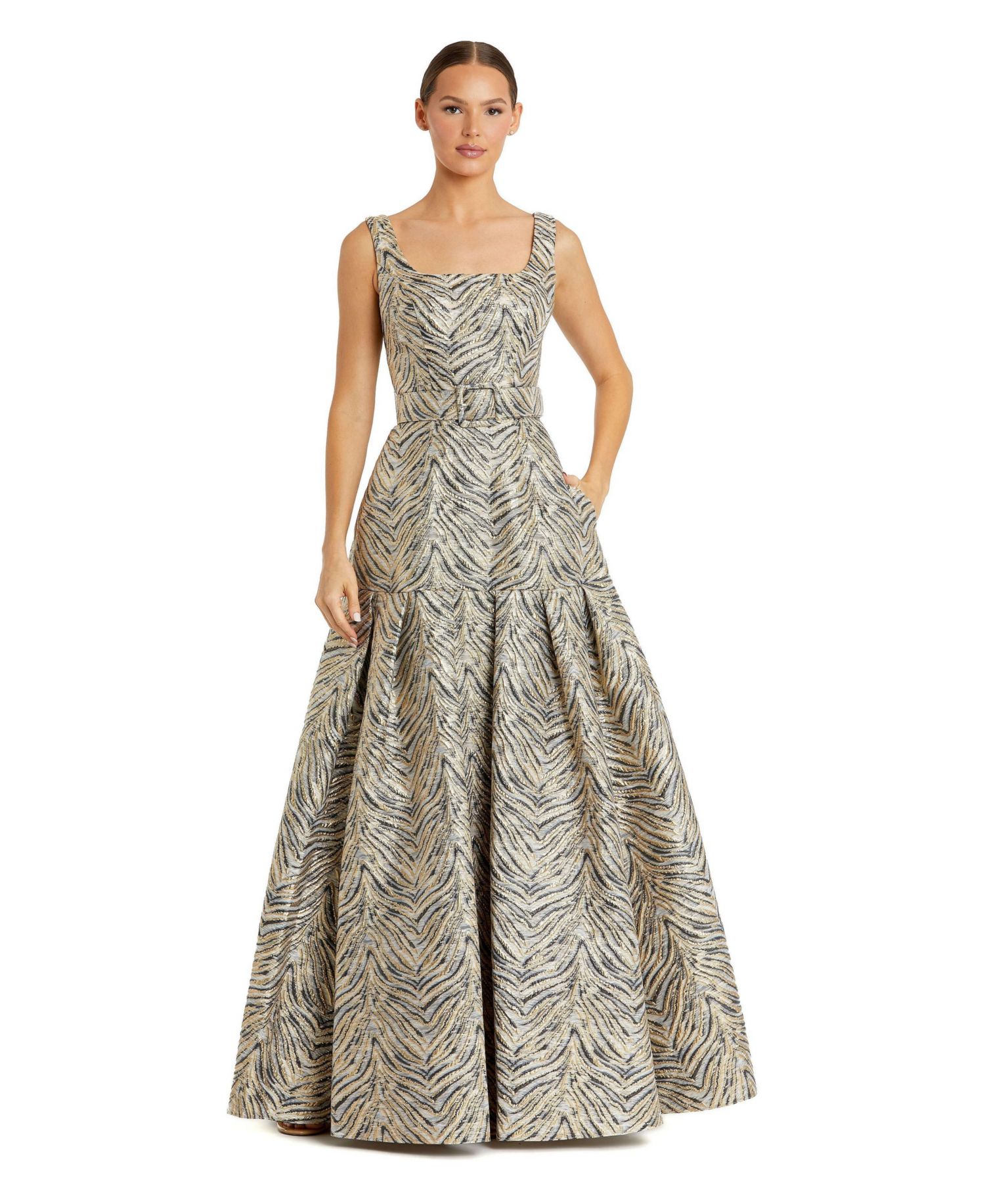 Women's Sleeveless Brocade Gown With Belt