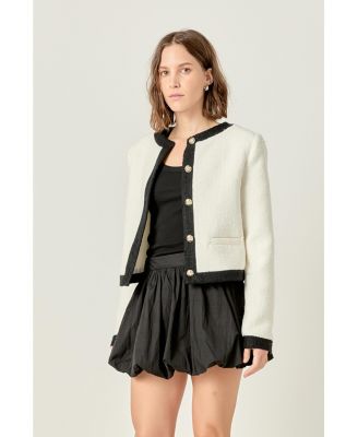 Women's WHITE & BLACK COLLARLESS TWEED JACKET