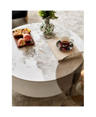 Modern White & Wood Coffee Table with Drawers & Golden Legs