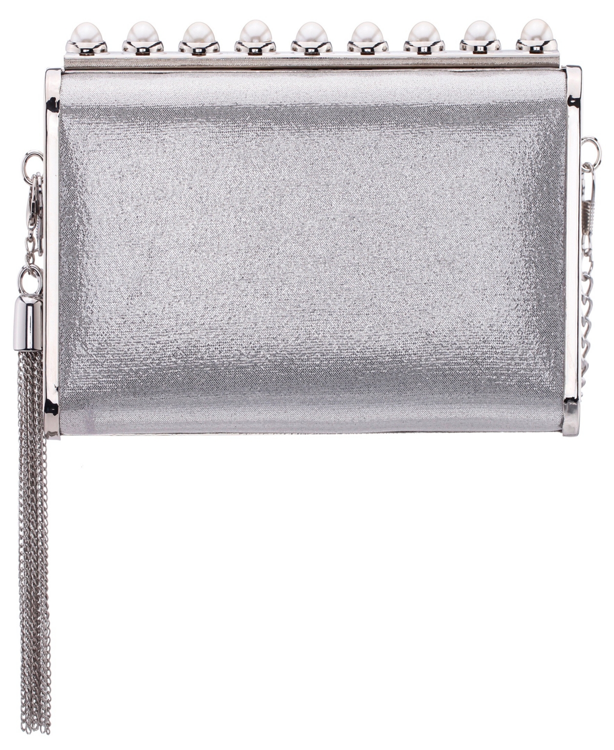 Nina Crystal Ornamented Minaudiere Tassel Lift Lock Clutch In Silver