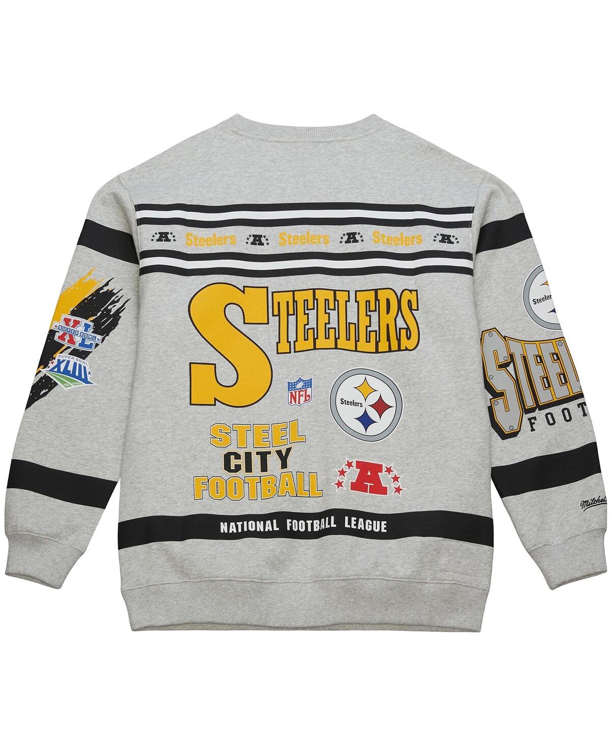 Mitchell & Ness Men's Heather Gray Pittsburgh Steelers All Over Print Fleece Crewneck Sweatshirt In Gray