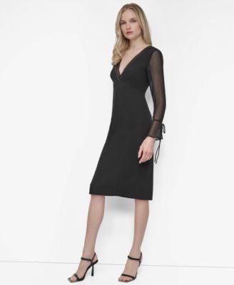 Women's Sheer Long Sleeve V-Neck Midi Dress