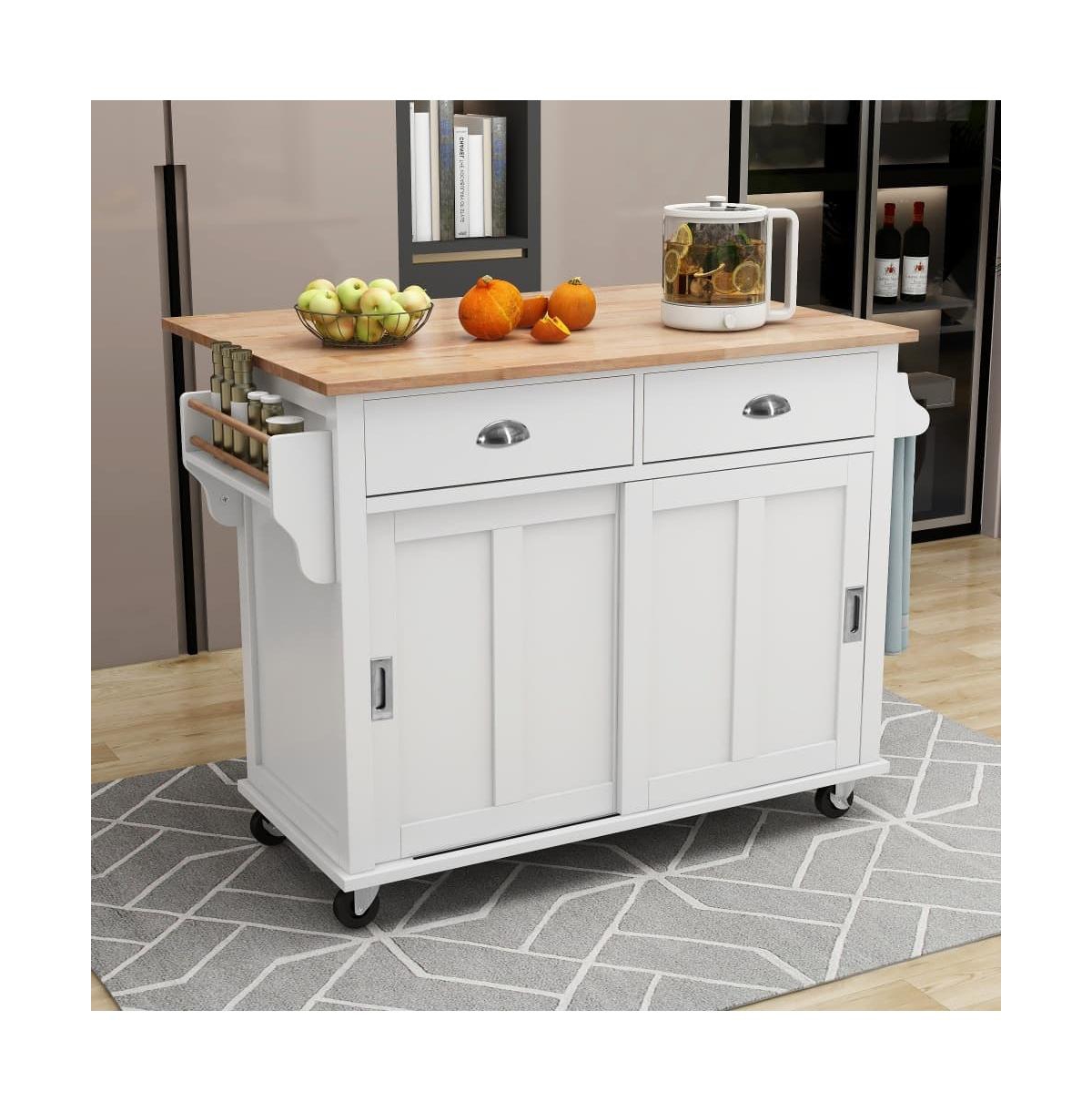 Maison Boucle 52" Rolling Kitchen Island with Drop Leaf, Sliding Barn Door & Adjustable Storage, Mobile Cart with Towel & Spice Rack-Maison Boucle