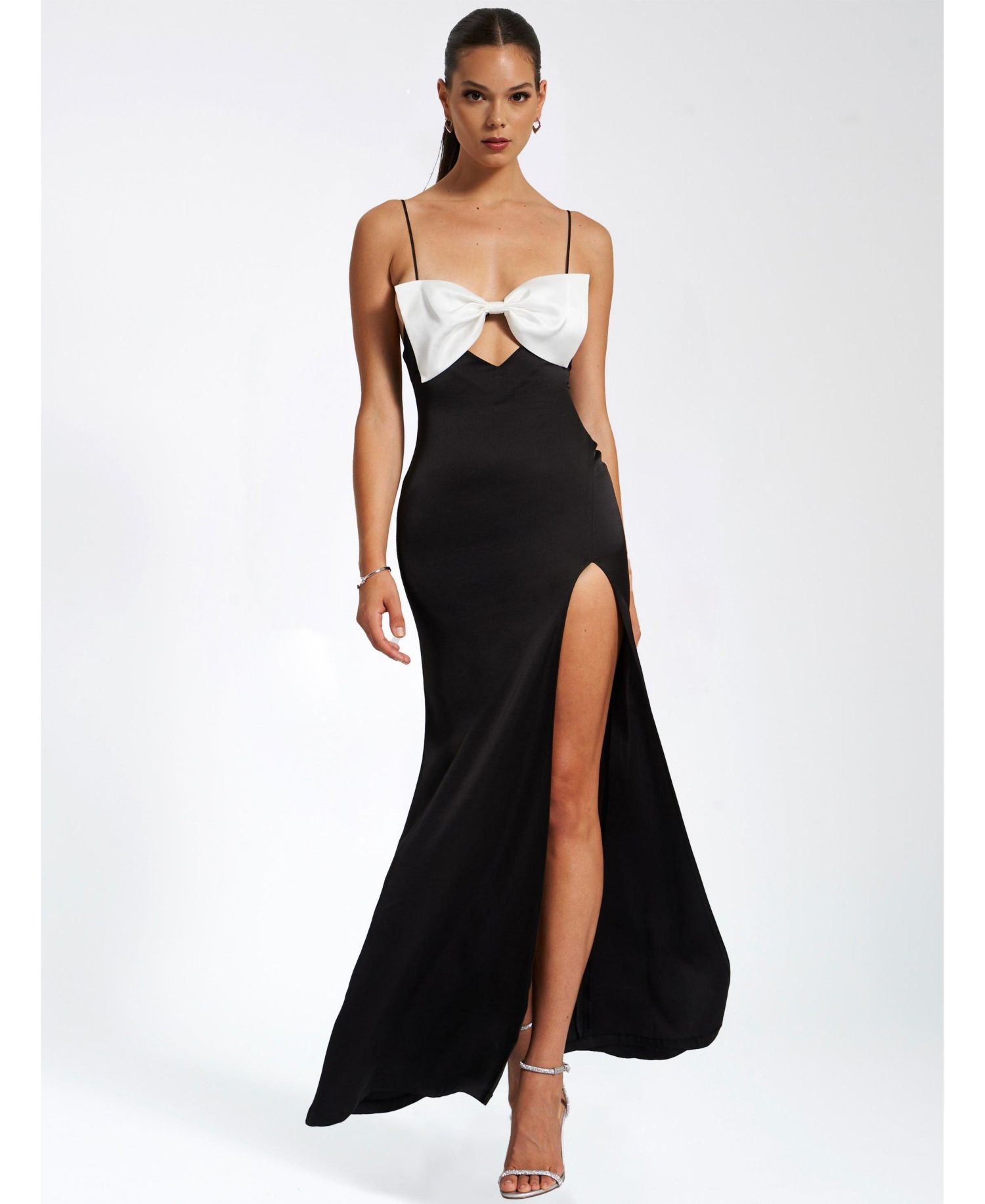 Women Eleanor Black and White Bow Satin Gown