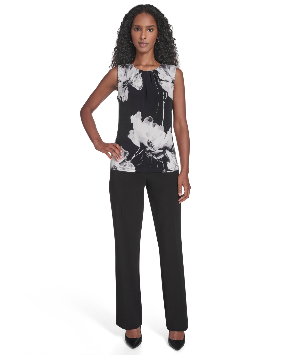 Calvin Klein Women's Sleeveless Pleated Crew Neck Top
