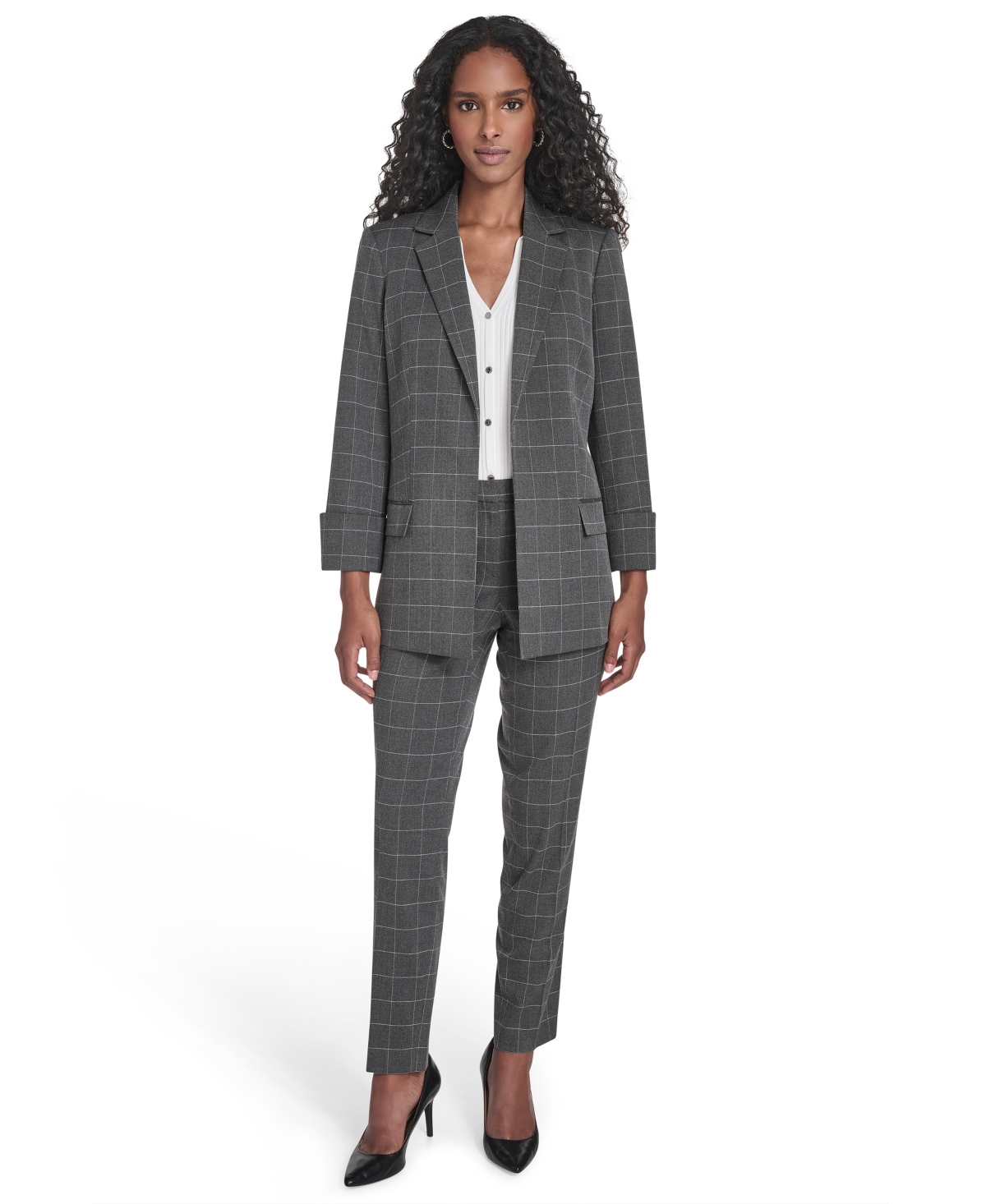 Calvin Klein Women's Windowpane Open Front Jacket In Gray