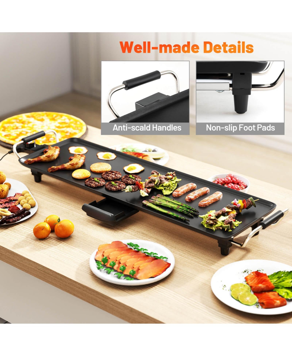 27" Large Electric Griddle with with 4-Level Thermostat Control and Removable Drip Tray
