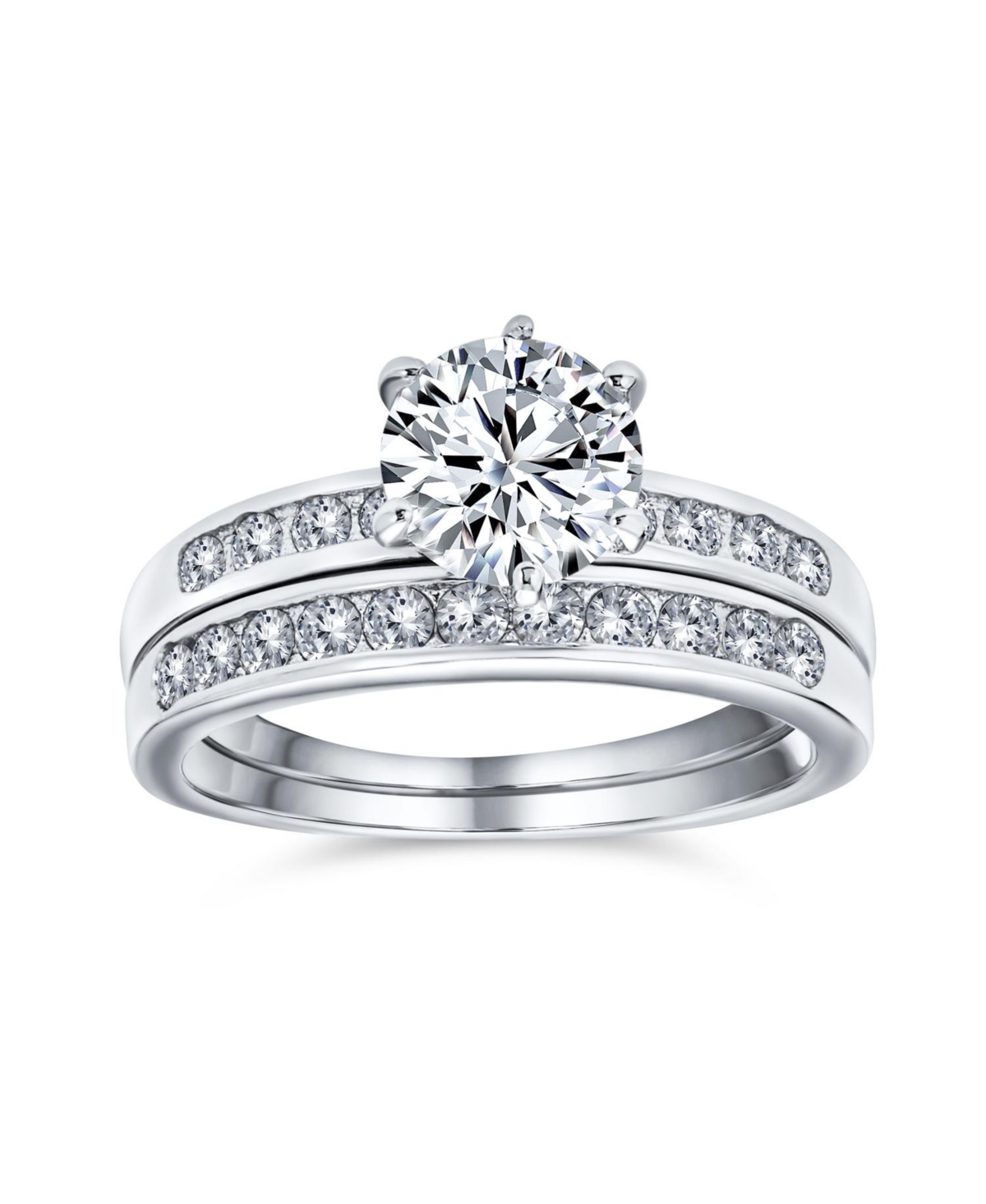 Bling Jewelry Classic 2CT Round Solitaire 6 Prong Solitaire Pave Band Cz Promise Ring Set Band Sterling Silver