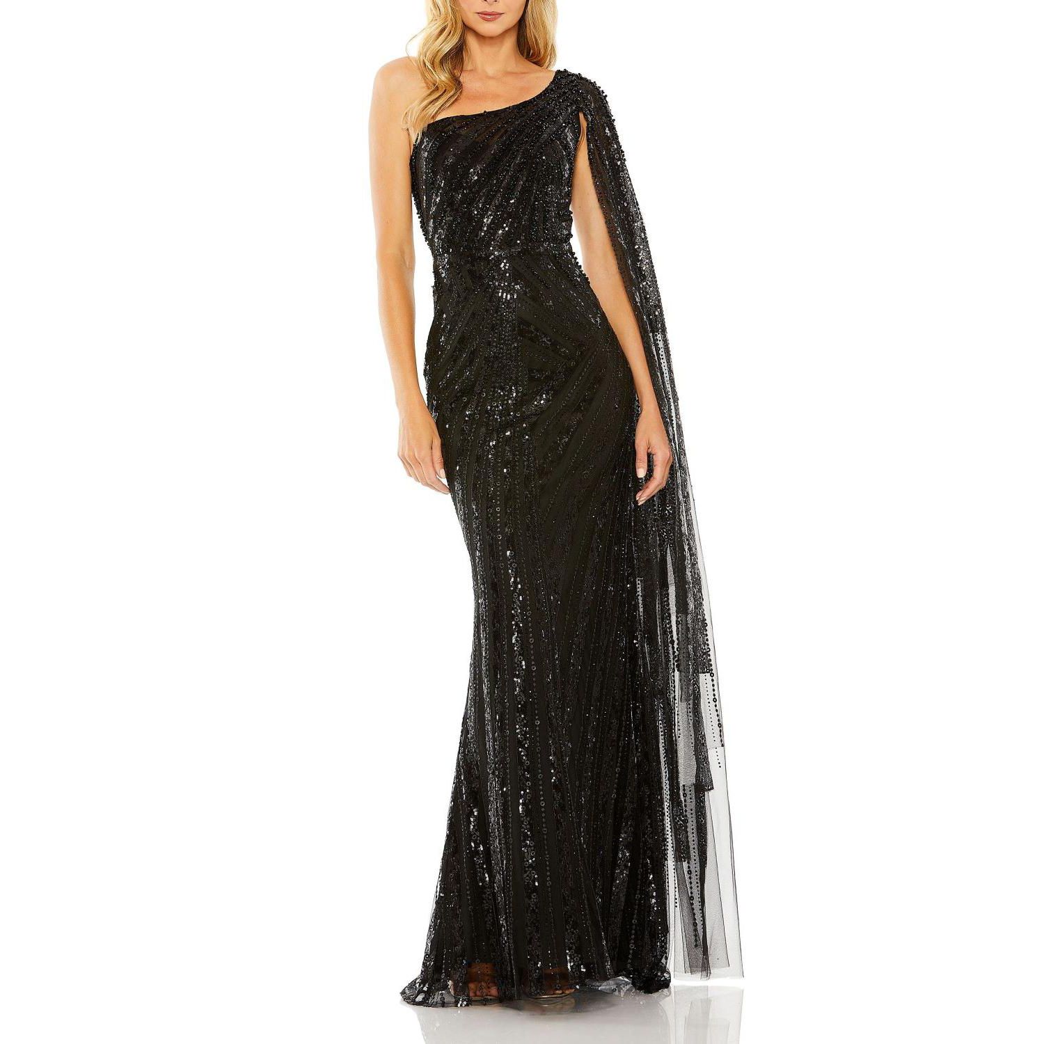 Women's One Shoulder Cape Sleeve Embellished Gown