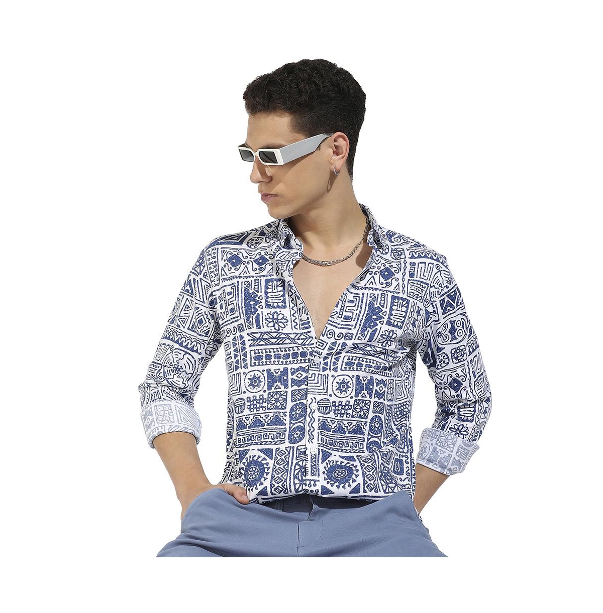 Campus Sutra Men's Indigo Blue Contrast Aztec Shirt