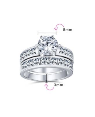 3CT Classic Round Solitaire Cubic Zirconia With CZ Side Stone Princess Cut Band  Promise Ring Set Sterling Silver
