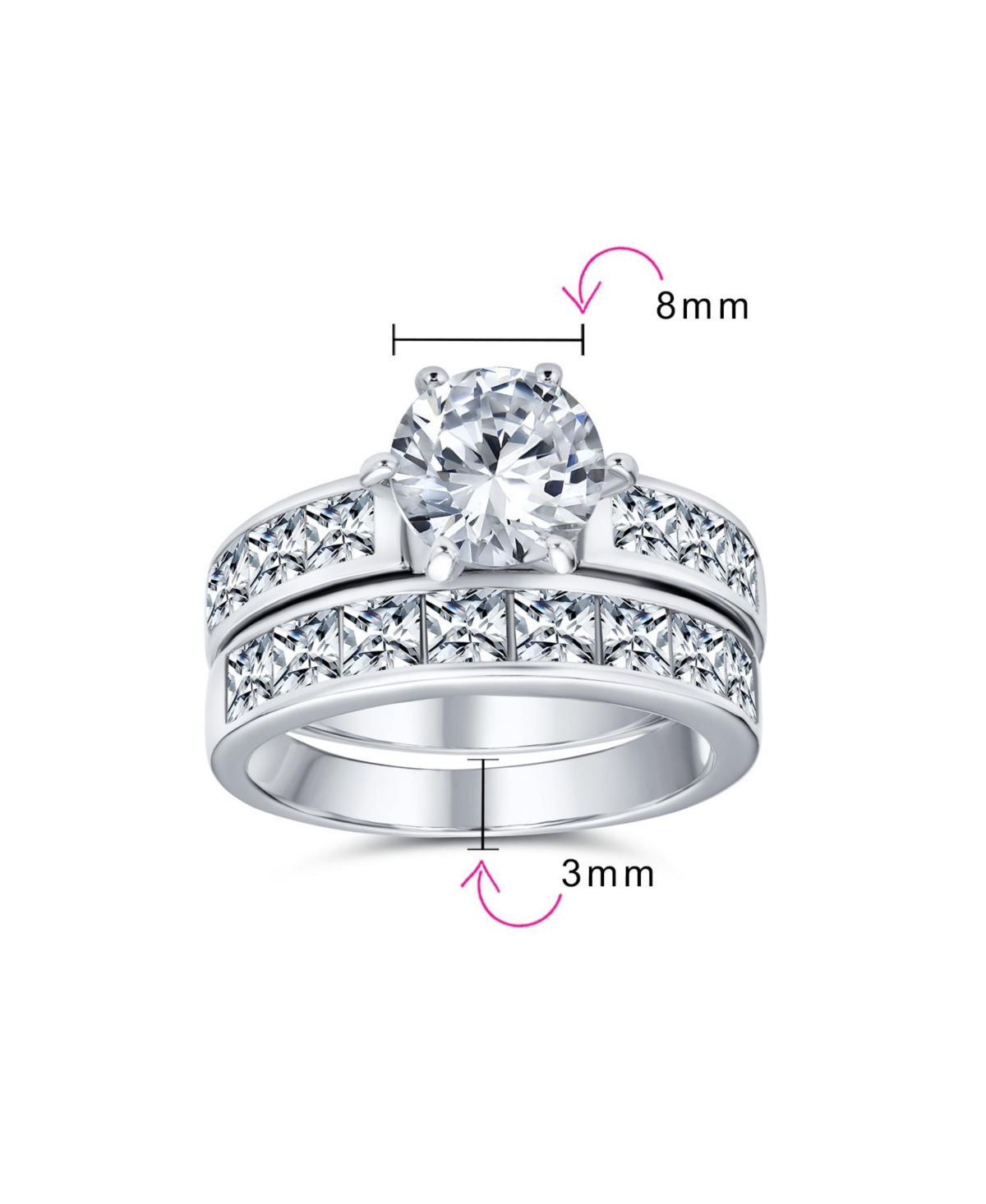 Bling Jewelry 3CT Classic Round Solitaire Cubic Zirconia With Cz Side Stone Princess Cut Band Promise Ring Set Sterling Silver