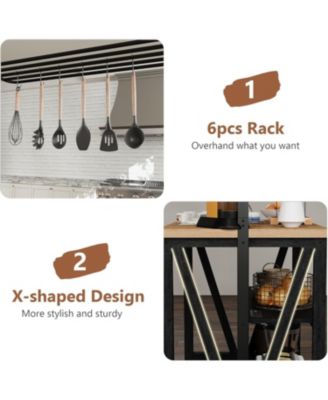 Wooden Kitchen Island with Power Outlet, LED Lights, 3-Tier Microwave Stand, Oven Shelf & Coffee Bar Table with Hooks