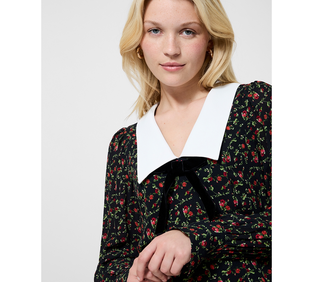 French Connection Yasmin Floral Collared Long Sleeve Top In Black