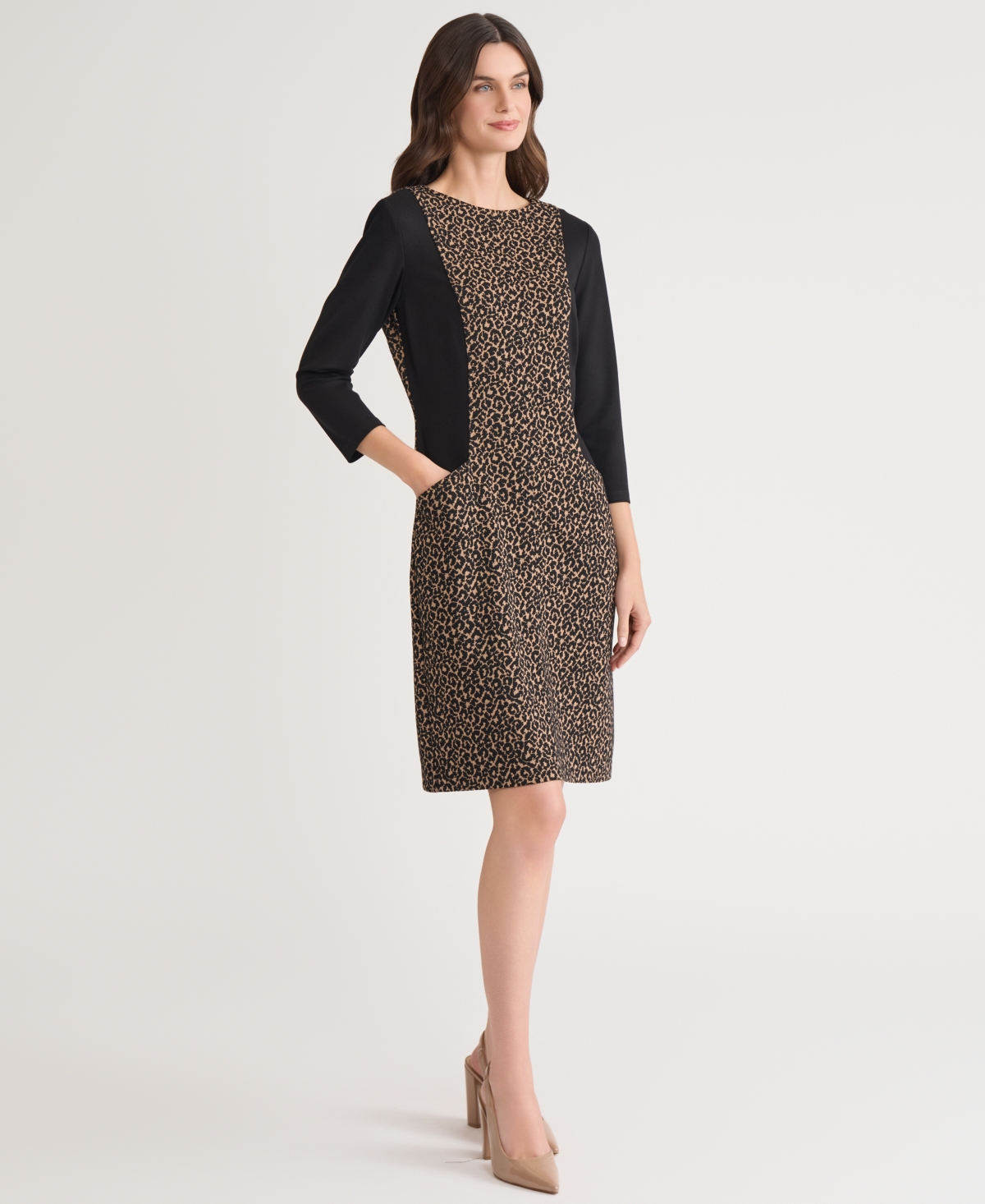 Kasper Contrast Detail Leopard Print Dress In Brown