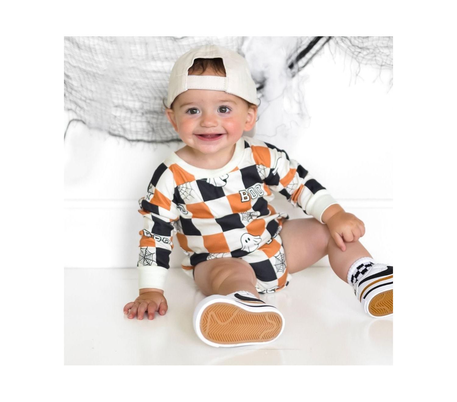 Baby Boys Boo Checkered Halloween Long Sleeve Romper