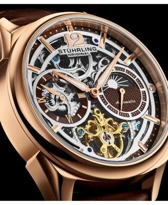 Vanguard 1019.03 Legacy Collection Dual Time Automatic Skeleton Watch 42mm Rose Gold Tone Brown Dial Leather Strap