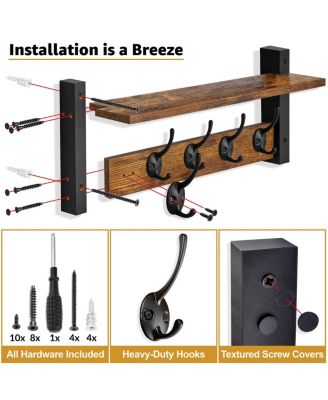 24 Inch Floating Wall Shelf with 5 Heavy Duty Hooks – for Entryway, Bathroom, Bedroom, Kitchen, or Mudroom