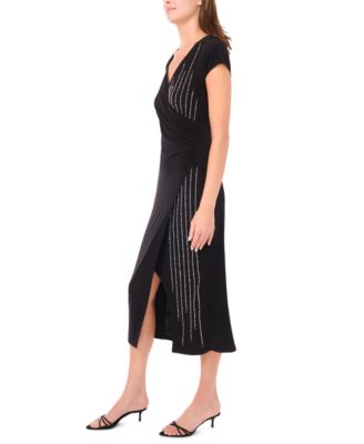 Women's Short Sleeve Surplice and Beaded Front Midi Dress