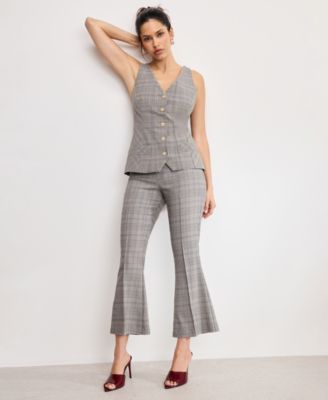 Women's Plaid Pull On Kick Flare Pants, Regular & Plus Size