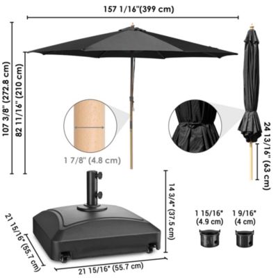 13ft XL Heavy Duty Solid Wood Outdoor Patio Umbrella with Base Parasol Wheels Stand for Bistro Market Table Garden Deck Yard Poolside Black