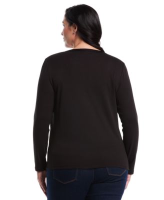 Plus Size Woven Trim Split V-Neck Long Sleeve Top